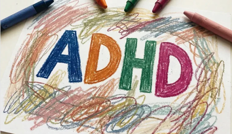 여러 색의 크레용으로 ADHD 글자를 표현한 이미지
