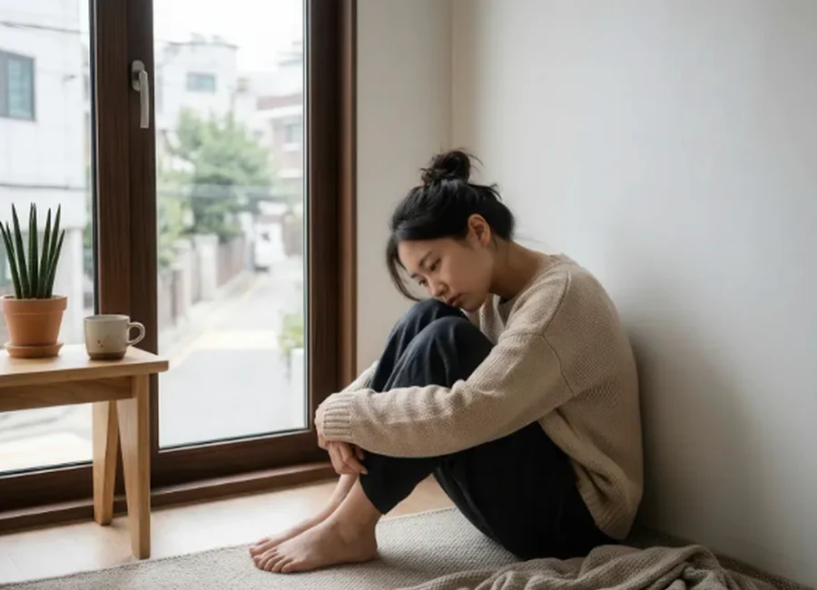 감정이 잘 느껴지지 않아 혼자 앉아 생각에 잠긴 성인의 모습