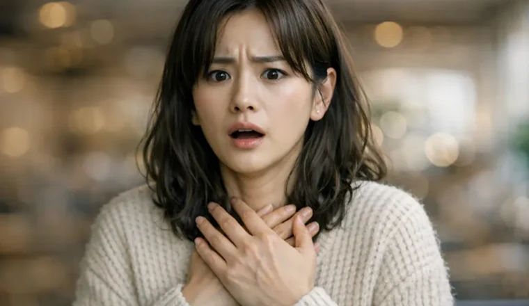 사람이 많은 공간에서 갑작스러운 심박 증가와 숨 막힘 같은 공황 증상을 느끼는 장면