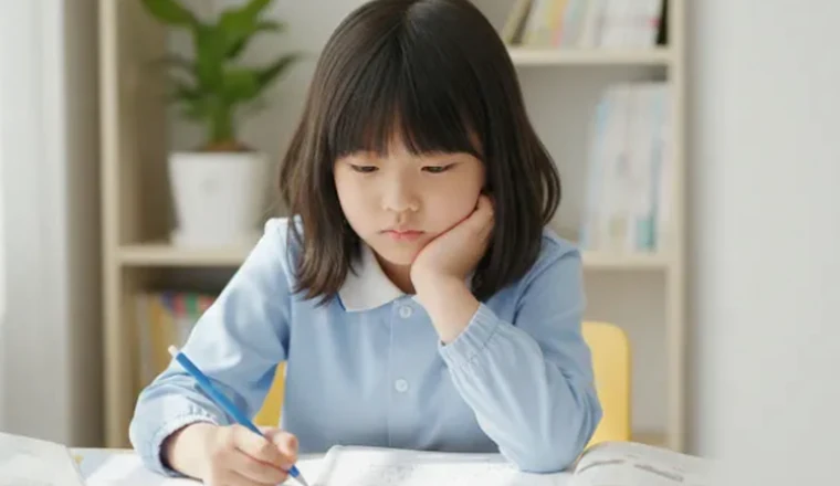 과제를 앞두고 자신감이 떨어져 망설이는 아이의 모습을 표현한 이미지