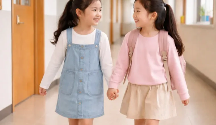 학교 복도에서 또래 친구와 함께 걸으며 대화하는 아이들의 모습