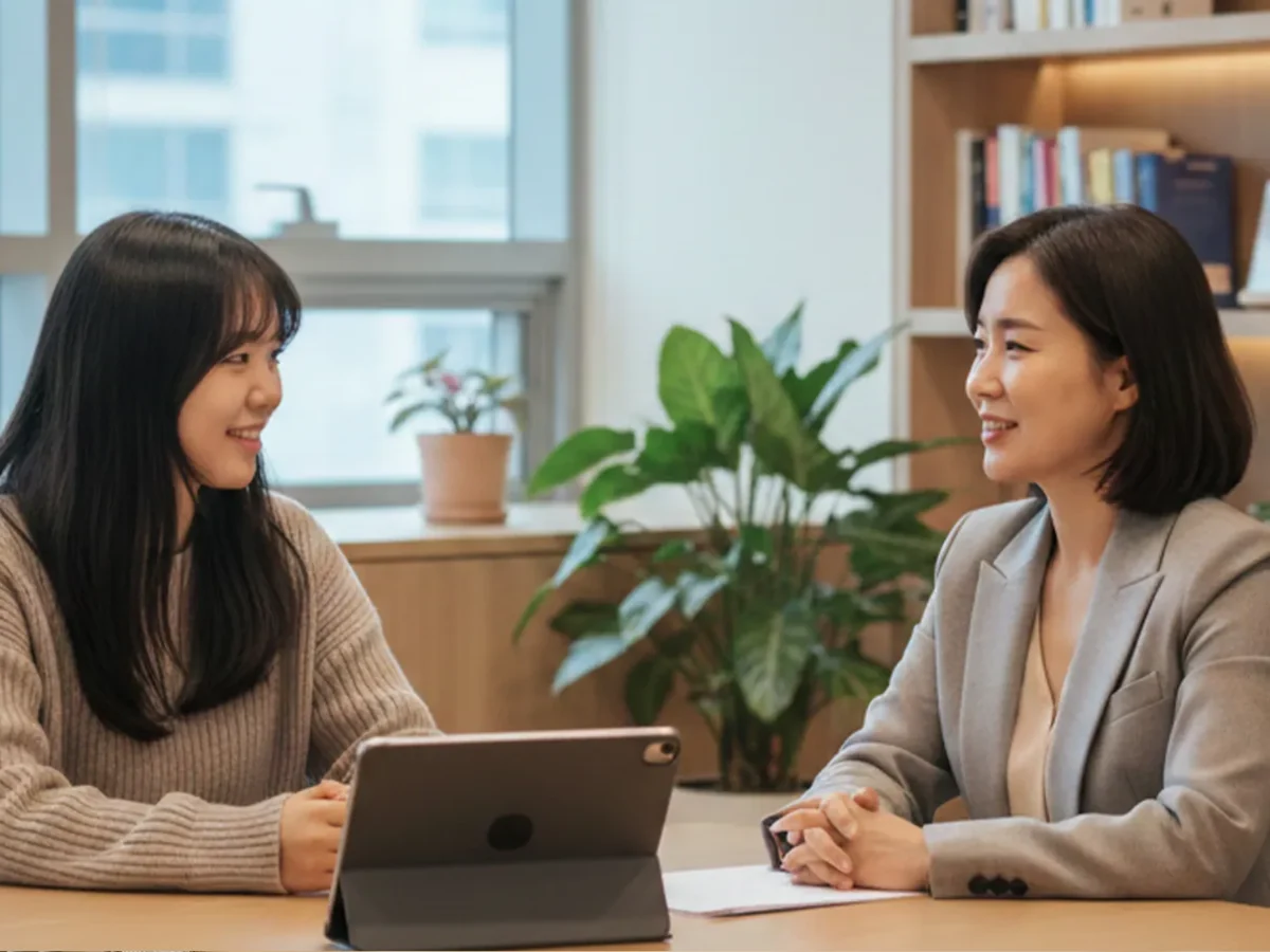 상담자와 내담자가 상담 목표와 생활 속 변화를 함께 점검하는 인지행동치료 상담 장면
