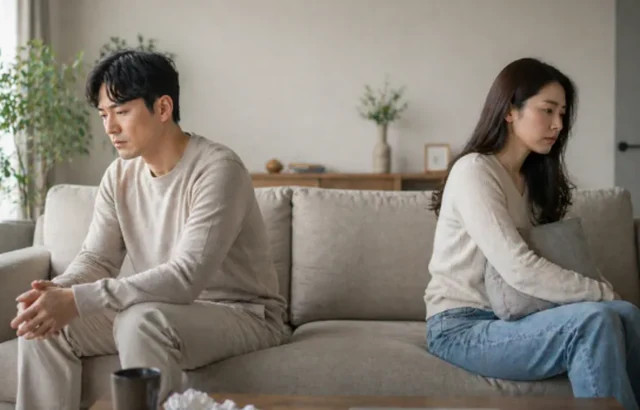 가정의 돌봄 부담과 갈등 속에서 서로 지친 부부의 모습