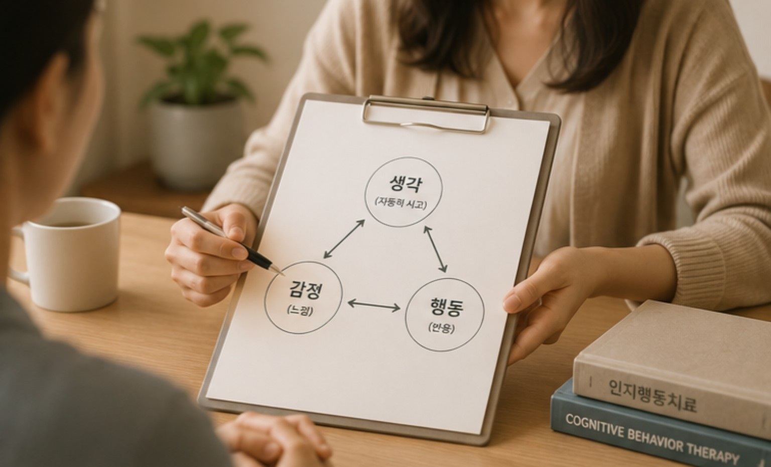 상담자가 내담자와 현재 문제와 변화 목표를 구체적으로 정리하는 장면