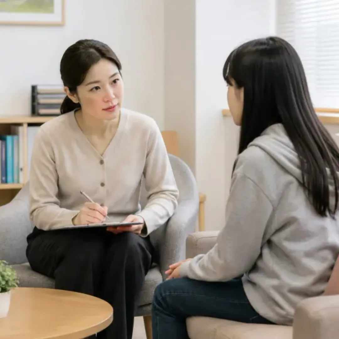 상담사와 내담자가 마주 앉아 상담하는 모습