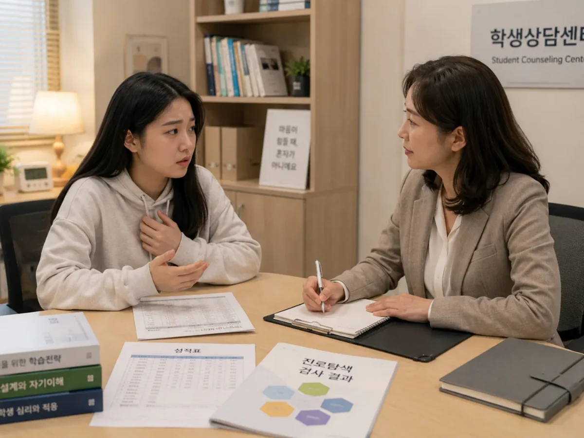 청소년과 상담자가 상담실에서 대화하는 장면